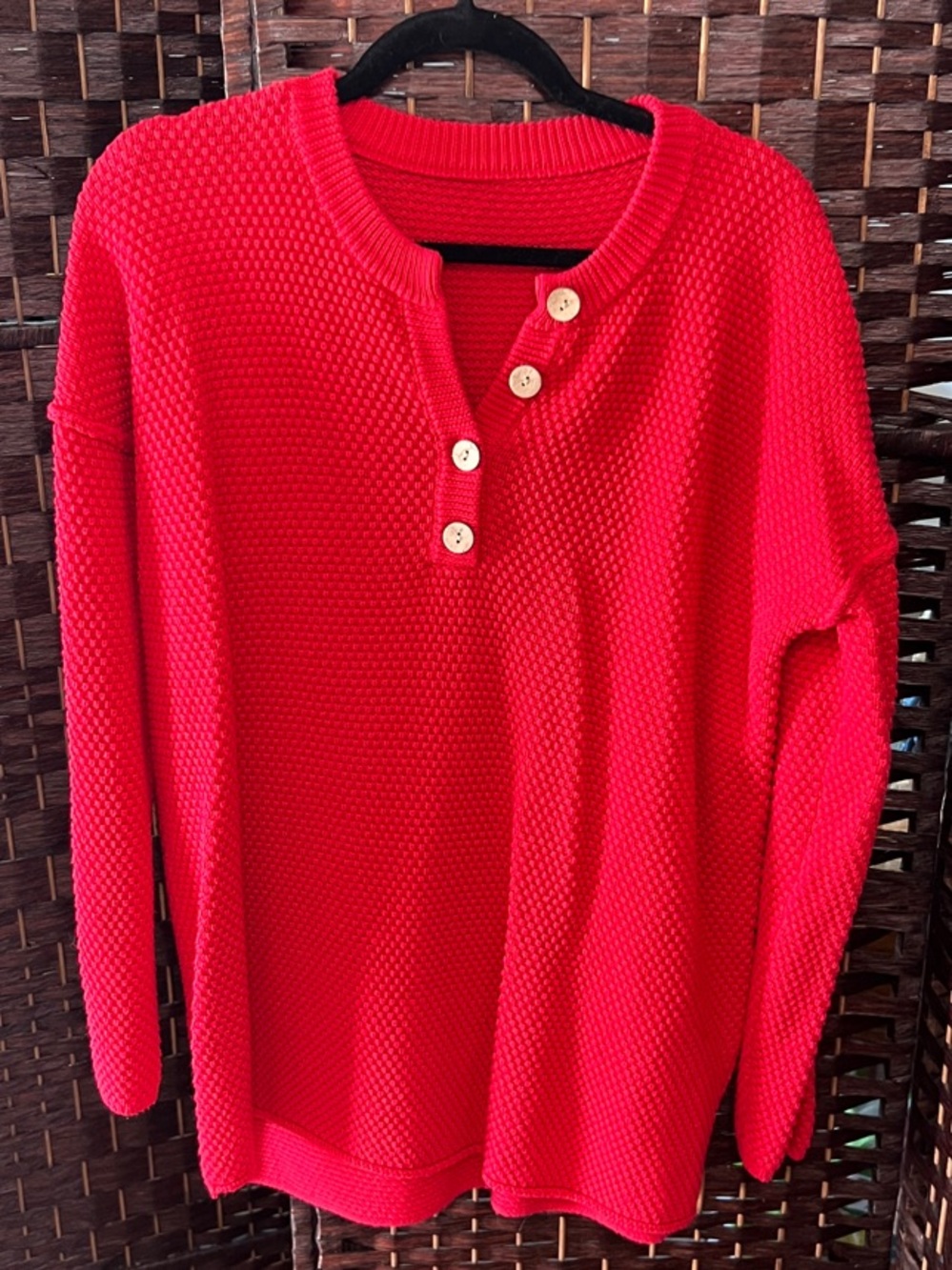 Red Women's Knit Button Henley Sweater